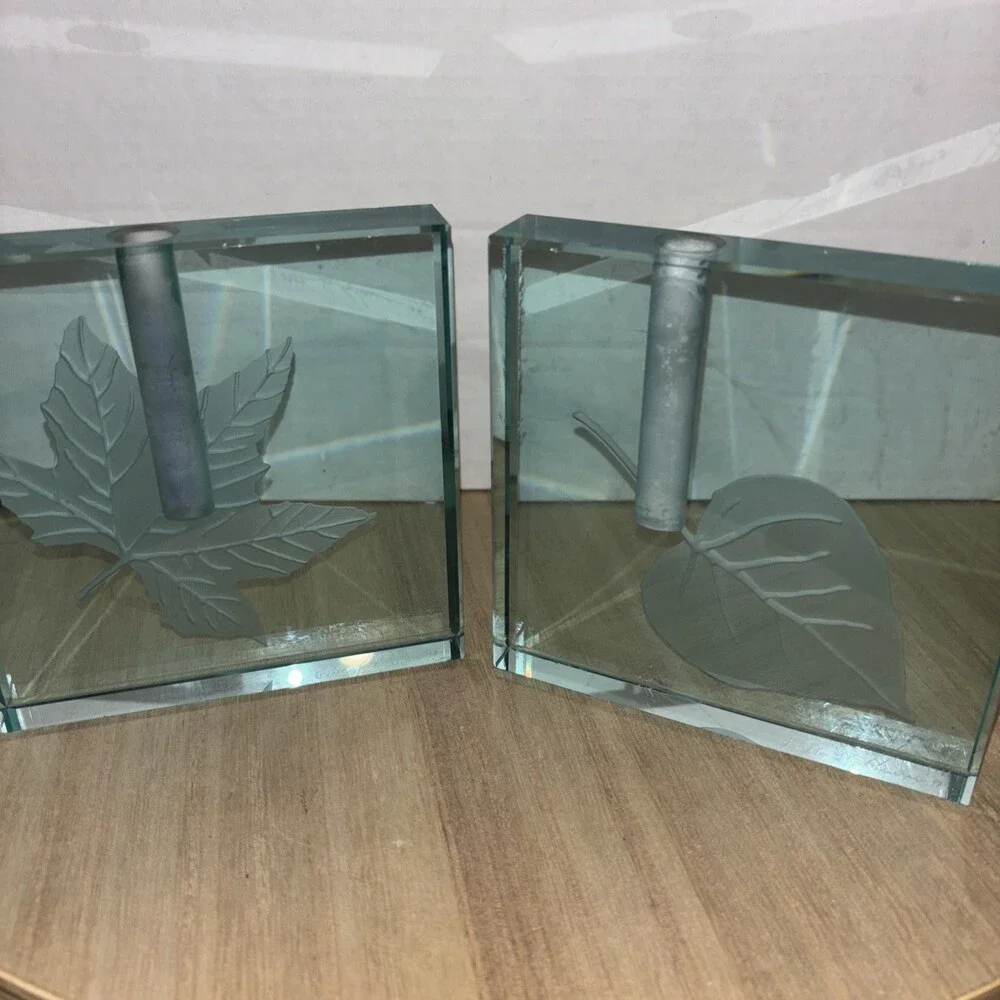 Vintage Set Of 2 Stephen Schlanser Glass Block Bud Vase 1999 Signed Etched 5